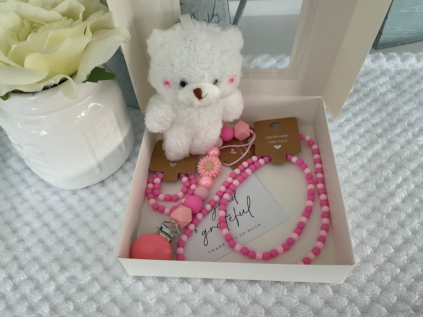 Reborn doll and child, bracelet, necklace, dummy clip & small teddy gift box