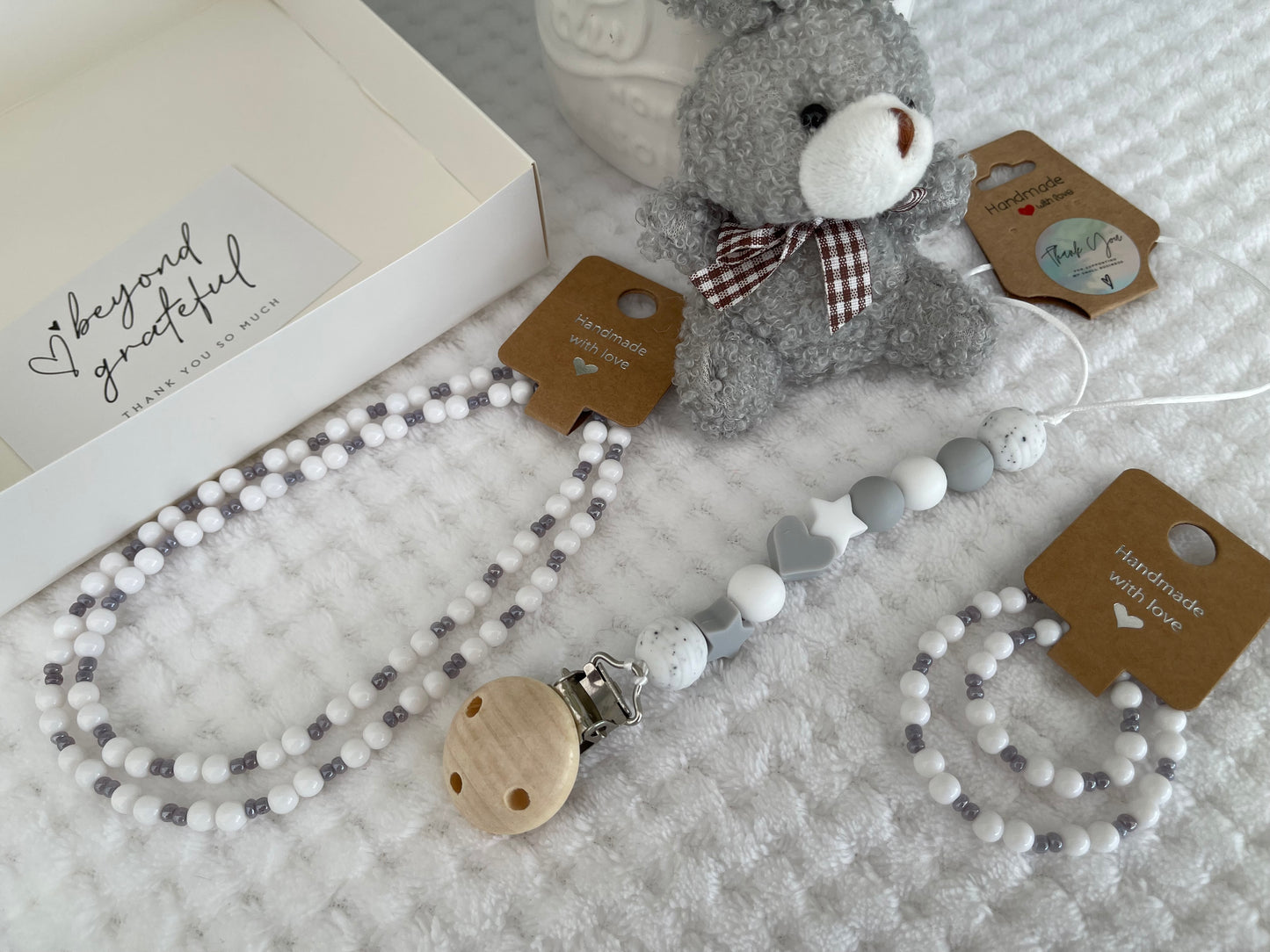 Reborn doll and child, bracelet, necklace, dummy clip & small teddy gift box