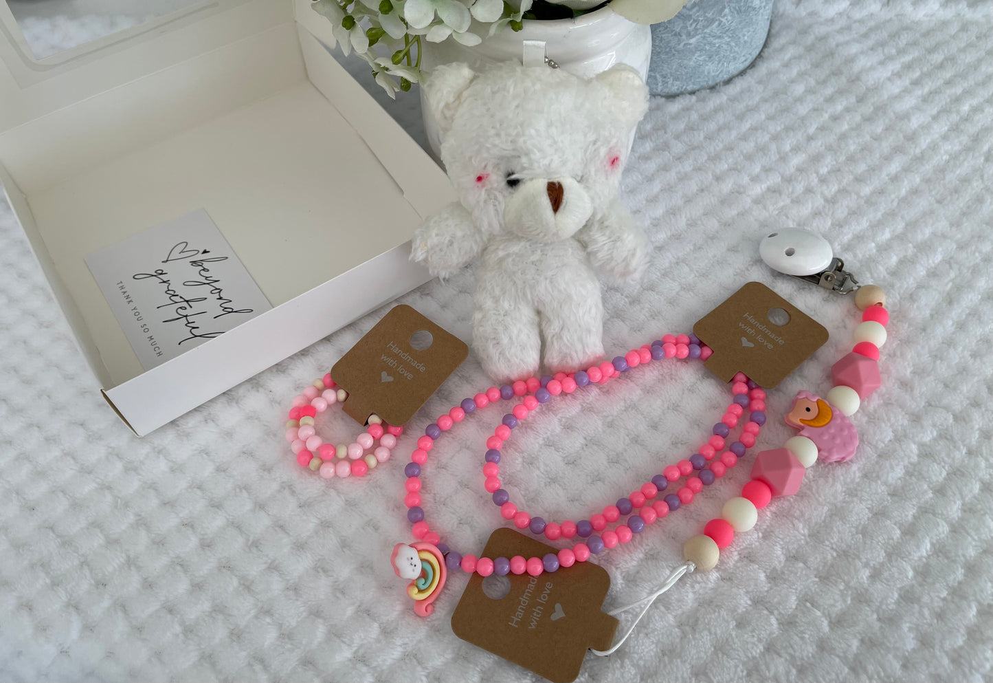 Reborn doll and child, bracelet, necklace, dummy clip & small teddy gift box