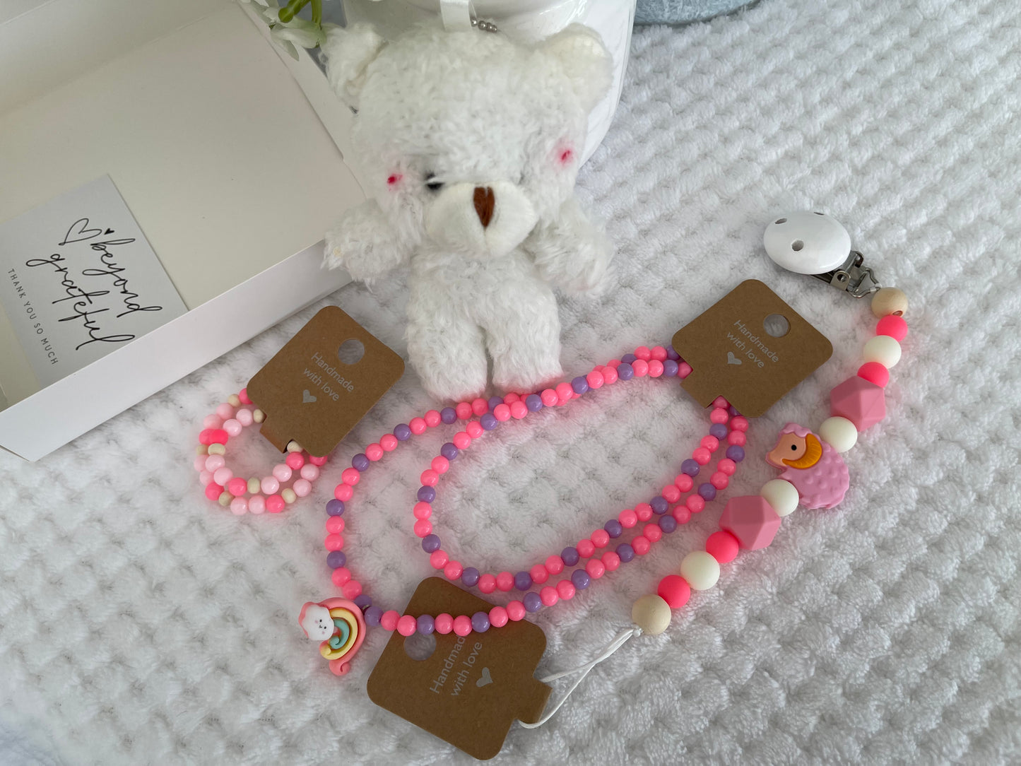 Reborn doll and child, bracelet, necklace, dummy clip & small teddy gift box